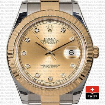 Rolex Datejust II Oyster Two-Tone 18k Yellow Gold, 904L Steel Fluted Bezel Gold Dial Diamond Markers