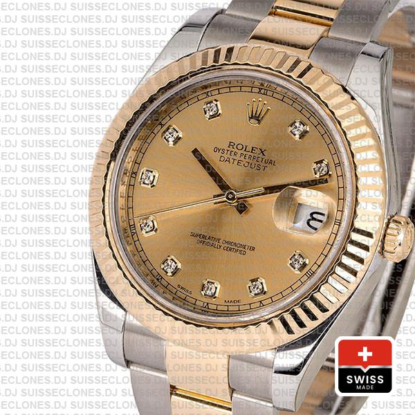 Rolex Datejust II Oyster Two-Tone 18k Yellow Gold, 904L Steel Fluted Bezel Gold Dial Diamond Markers 41mm