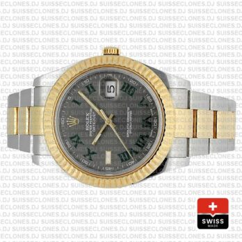 Rolex Datejust ΙΙ Two-Tone 18k Yellow Gold, 904L Steel Fluted Bezel Slate Grey Dial Green Roman Markers 41mm Replica