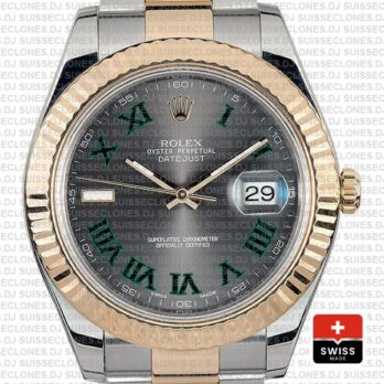 Rolex Datejust ΙΙ Two-Tone 18k Yellow Gold, 904L Steel Fluted Bezel Slate Grey Dial Green Roman Markers 41mm Replica