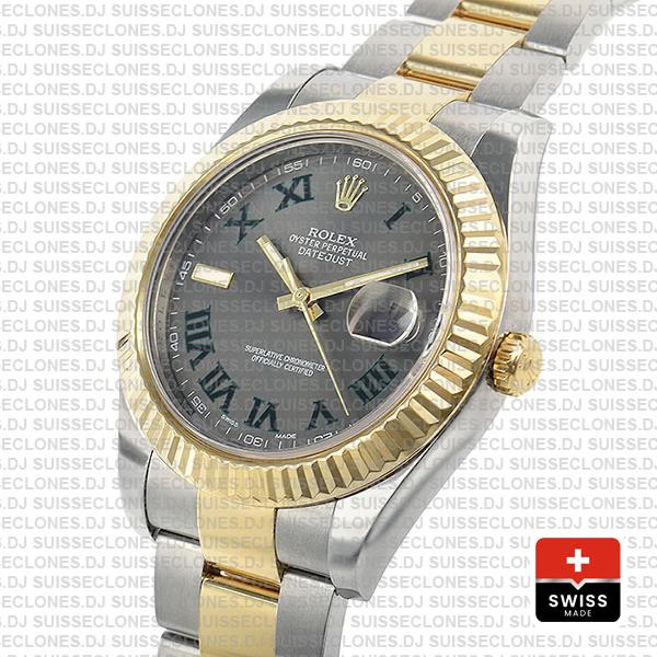 Rolex Datejust ΙΙ Two-Tone 18k Yellow Gold, 904L Steel Fluted Bezel Slate Grey Dial Green Roman Markers 41mm Replica
