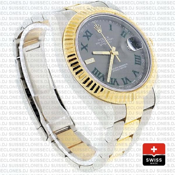 Rolex Datejust ΙΙ Two-Tone 18k Yellow Gold, 904L Steel Fluted Bezel Slate Grey Dial Green Roman Markers 41mm