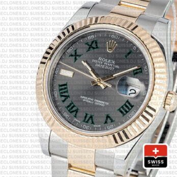 Rolex Datejust ΙΙ Two-Tone 18k Yellow Gold, 904L Steel Fluted Bezel Slate Grey Dial Green Roman Markers 41mm Replica Watch
