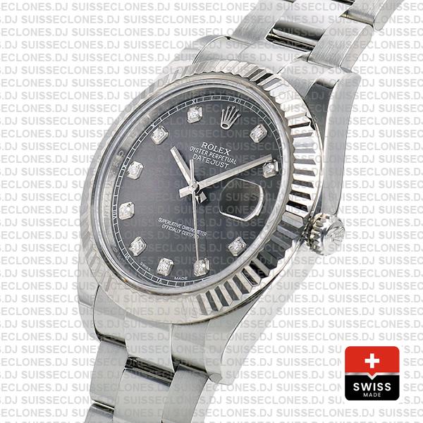 Rolex Datejust Ii Steel 18k White Gold Black Diamonds 41mm 116334 Swiss Replica