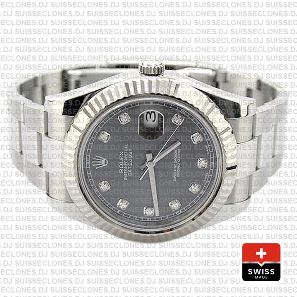 Rolex Datejust Ii Steel 18k White Gold Black Diamonds 41mm 116334 Swiss Replica