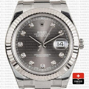 Rolex Datejust ΙΙ Oyster Dark Rhodium Grey Dial Diamond Markers 904L Steel 18k White Gold Fluted Bezel