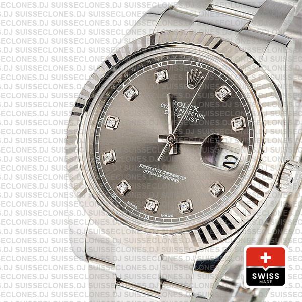 Rolex Datejust ΙΙ Oyster Dark Rhodium Grey Dial Diamond Markers 904L Steel 18k White Gold Fluted Bezel 41mm