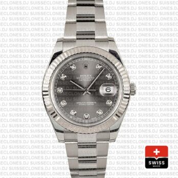 Rolex Datejust ΙΙ Oyster Dark Rhodium Grey Dial Diamond Markers 904L Steel 18k White Gold Fluted Bezel 41mm Watch