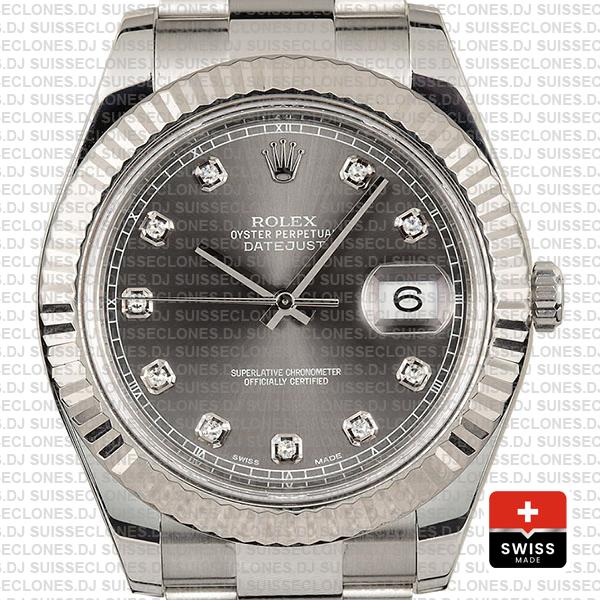 Rolex Datejust Ii Steel 18k White Gold Black Diamonds 41mm 116334 Swiss Replica