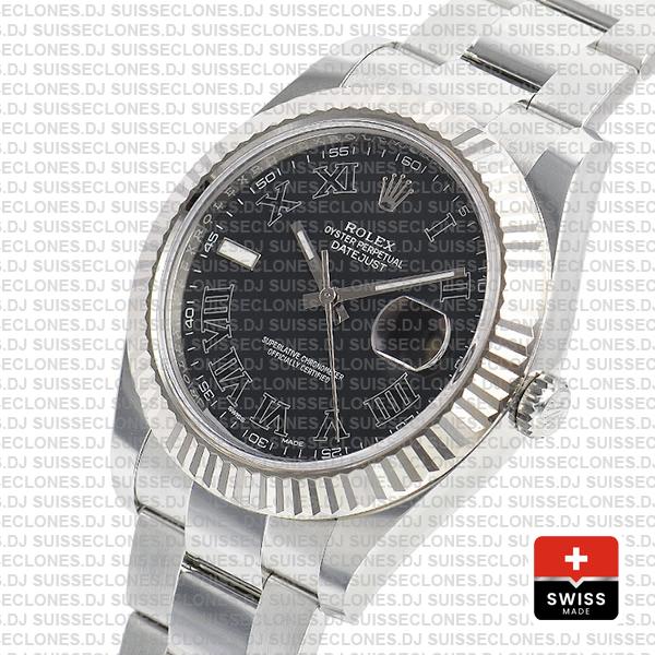 Rolex Datejust Black Roman Dial Replica Watch, the Black Dial 41mm Roman Numerals, Fluted Bezel