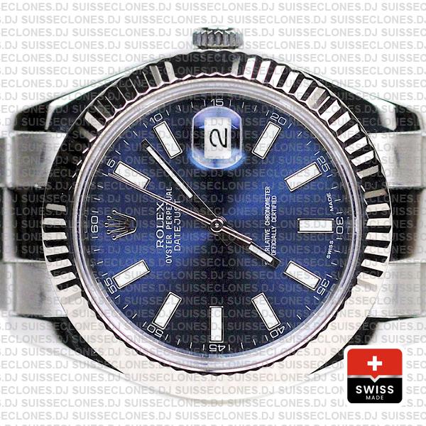 Rolex Datejust ΙΙ 904L Steel Blue Dial Stick Markers 18k White Gold Fluted Bezel 41mm