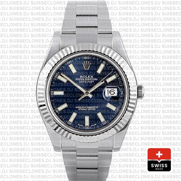 Rolex Datejust ΙΙ 904L Steel Blue Dial Stick Markers 18k White Gold Fluted Bezel 41mm