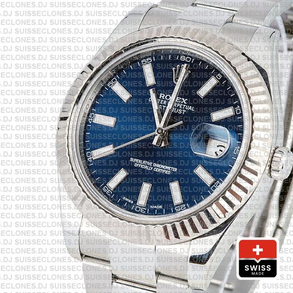 Rolex Datejust ΙΙ 904L Steel Blue Dial Stick Markers 18k White Gold Fluted Bezel 41mm