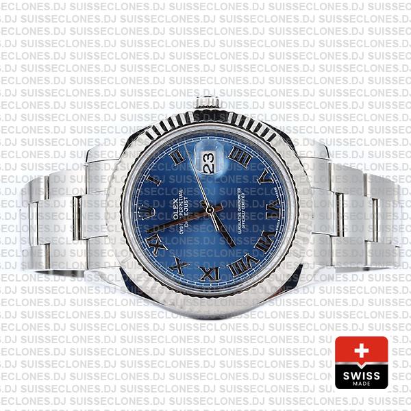 Rolex Datejust ΙΙ 904L Steel Blue Dial Roman Markers 18k White Gold Fluted Bezel 41mm