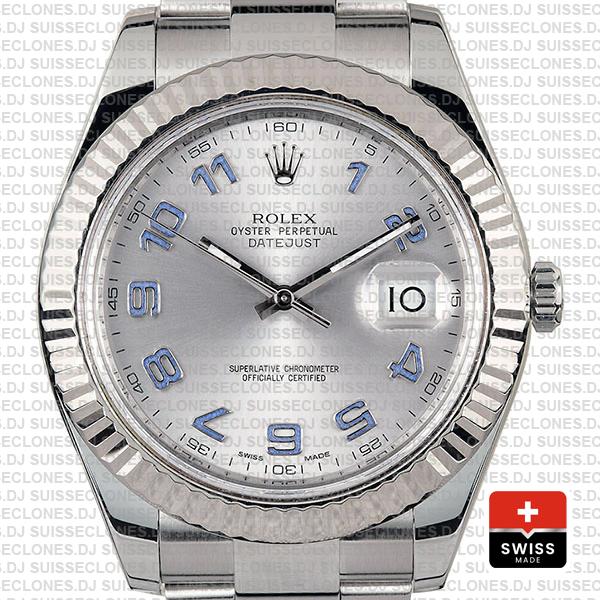 Rolex Datejust ΙΙ 904L Steel Silver Dial Arabic Numerals 18k White Gold Fluted Bezel 41mm