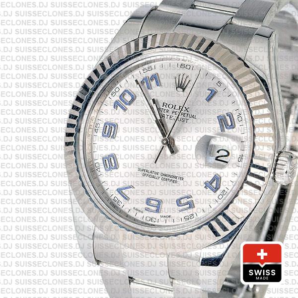 Rolex Datejust ΙΙ 904L Steel Silver Dial Arabic Numerals 18k White Gold Fluted Bezel 41mm