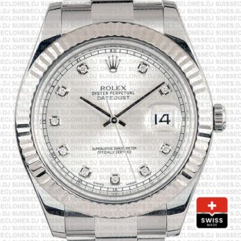 Rolex Datejust ΙΙ Silver Dial Diamond Markers 904L Steel 18k White Gold Fluted Bezel
