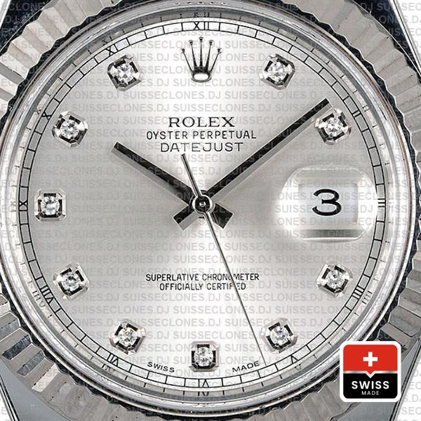 Rolex Datejust ΙΙ Silver Dial Diamond Markers 904L Steel 18k White Gold Fluted Bezel 41mm