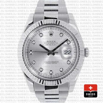 Rolex Datejust ΙΙ Silver Dial Diamond Markers 904L Steel 18k White Gold Fluted Bezel 41mm Swiss Watch