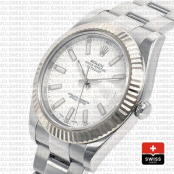Rolex Datejust ΙΙ 904L Steel White Dial Stick Markers 18k White Gold Fluted Bezel 41mm