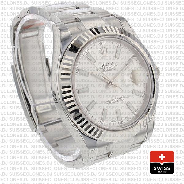 Rolex Datejust ΙΙ 904L Steel White Dial Stick Markers 18k White Gold Fluted Bezel 41mm