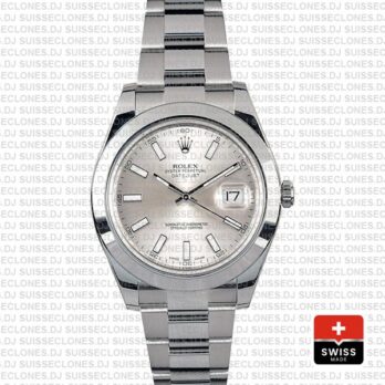 Rolex Datejust II Silver Dial 41mm Swiss Replica Watch with Stainless Steel Smooth & Fixed Bezel