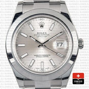 Rolex Datejust II Silver Dial 41mm Swiss Replica Watch with Stainless Steel Smooth & Fixed Bezel Watch