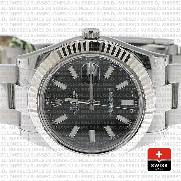 Rolex Datejust ΙΙ 904L Steel Black Dial Stick Markers 18k White Gold Fluted Bezel 41mm