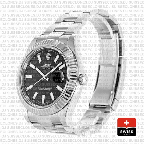 Rolex Datejust ΙΙ 904L Steel Black Dial Stick Markers 18k White Gold Fluted Bezel 41mm
