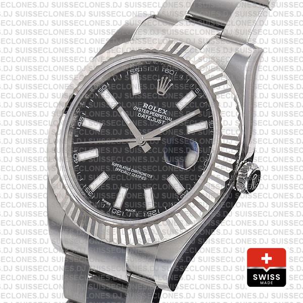 Rolex Datejust ΙΙ 904L Steel Black Dial Stick Markers 18k White Gold Fluted Bezel 41mm