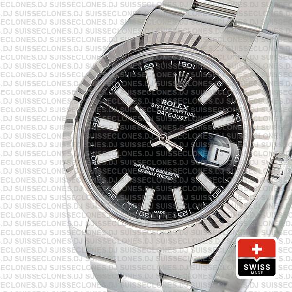 Rolex Datejust ΙΙ 904L Steel Black Dial Stick Markers 18k White Gold Fluted Bezel 41mm