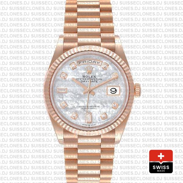 Rolex Day-date 36mm 18k Rose Gold 904l Steel White Mop Diamond Dial Fluted Bezel Ref.128235 Swiss Replica Superclone Watch