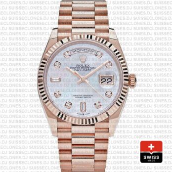 Rolex Day-date 36mm 18k Rose Gold 904l Steel White Mop Diamond Dial Fluted Bezel Ref.128235 Swiss Replica Superclone Watch