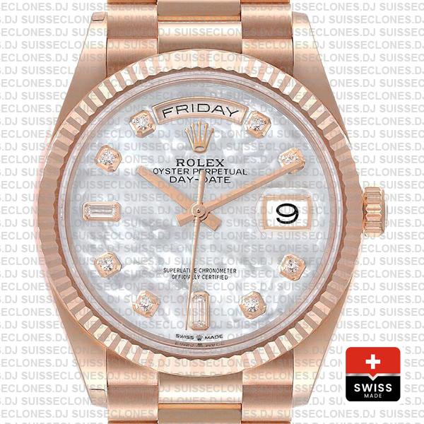 Rolex Day-date 36mm 18k Rose Gold 904l Steel White Mop Diamond Dial Fluted Bezel Ref.128235 Swiss Replica Superclone Watch