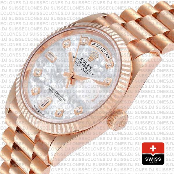Rolex Day-date 36mm 18k Rose Gold 904l Steel White Mop Diamond Dial Fluted Bezel Ref.128235 Swiss Replica Superclone Watch