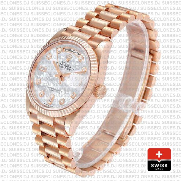 Rolex Day-date 36mm 18k Rose Gold 904l Steel White Mop Diamond Dial Fluted Bezel Ref.128235 Swiss Replica Superclone Watch