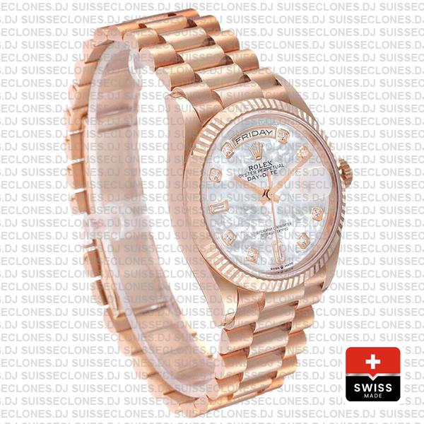 Rolex Day-date 36mm 18k Rose Gold 904l Steel White Mop Diamond Dial Fluted Bezel Ref.128235 Swiss Replica Superclone Watch