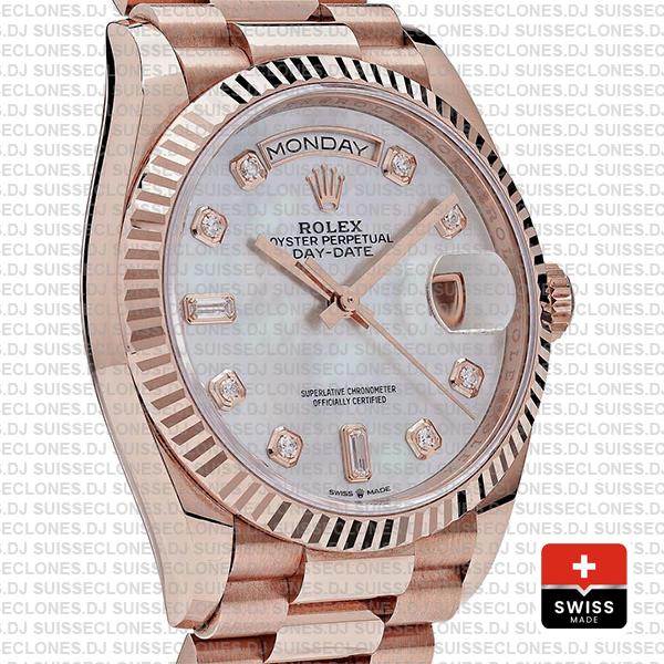 Rolex Day-date 36mm 18k Rose Gold 904l Steel White Mop Diamond Dial Fluted Bezel Ref.128235 Swiss Replica Superclone Watch