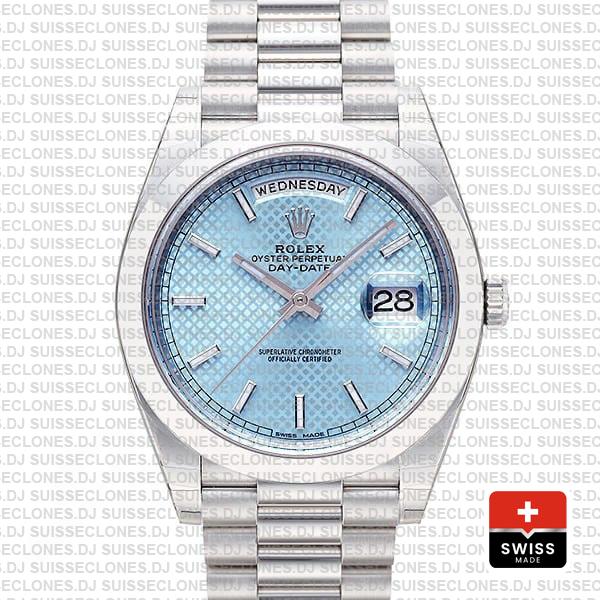 Rolex Day-date 40 Platinum Ice Blue Diagonal Motif Ref.228206 Swiss Replica Superclone Watch