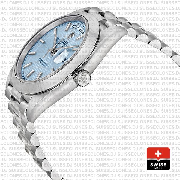 Rolex Day-date 40 Platinum Ice Blue Diagonal Motif Ref.228206 Swiss Replica Superclone Watch