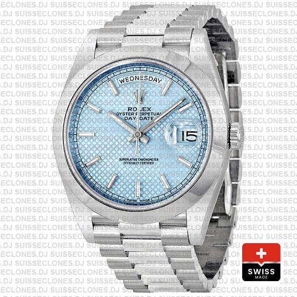 Rolex Day-date 40 Platinum Ice Blue Diagonal Motif Ref.228206 Swiss Replica Superclone Watch