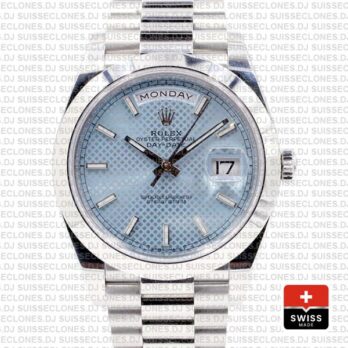 Rolex Day-date 40 Platinum Ice Blue Diagonal Motif Ref.228206 Swiss Replica Superclone Watch