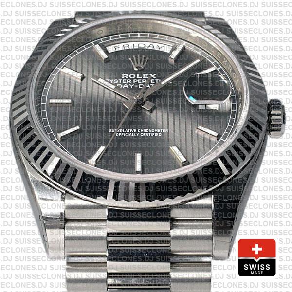Rolex Day-date 40 Solid 904l Steel 18k White Gold Rhodium Stripe Dial Fluted 40mm Superclone 228239 Swiss Replica Watch