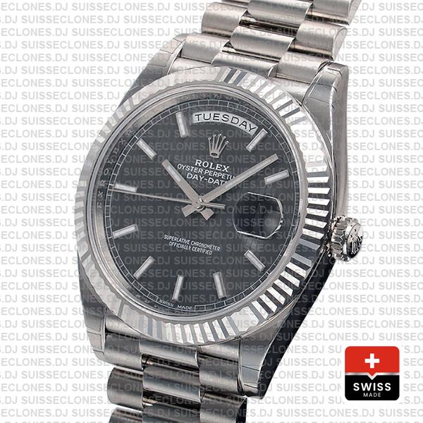 Rolex Day-date 40 Solid 904l Steel 18k White Gold Rhodium Stripe Dial Fluted 40mm Superclone 228239 Swiss Replica Watch