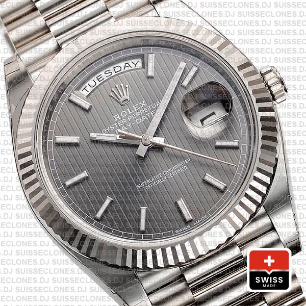 Rolex Day-date 40 Solid 904l Steel 18k White Gold Rhodium Stripe Dial Fluted 40mm Superclone 228239 Swiss Replica Watch