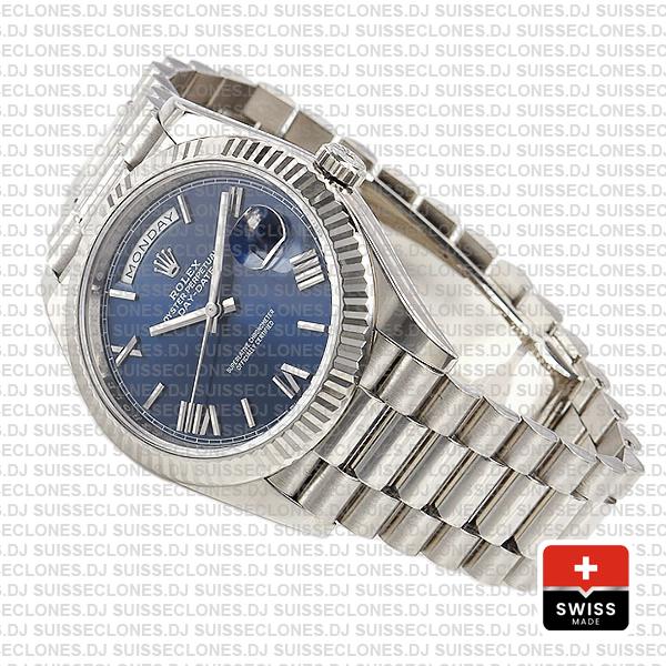 Rolex Day-Date 40 White Gold Blue Roman Dial 904L Steel, President Bracelet with Fluted Bezel Swiss Replica