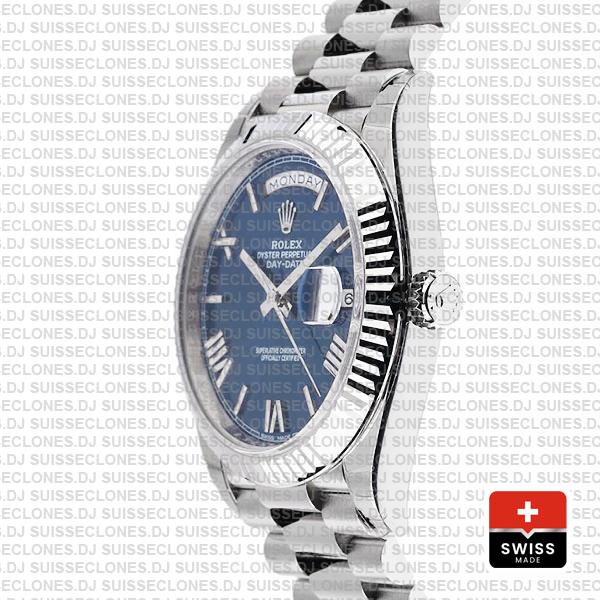 Rolex Day-Date 40 White Gold Blue Roman Dial 904L Steel, President Bracelet with Fluted Bezel Swiss Replica