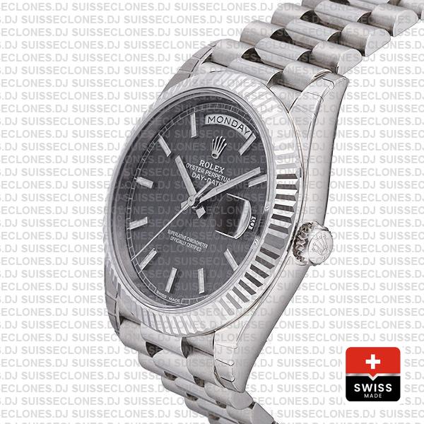 Rolex Day-date 40 Solid 904l Steel 18k White Gold Rhodium Stripe Dial Fluted 40mm Superclone 228239 Swiss Replica Watch