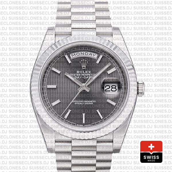 Rolex Day-date 40 Solid 904l Steel 18k White Gold Rhodium Stripe Dial Fluted 40mm Superclone 228239 Swiss Replica Watch