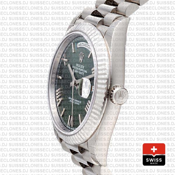 Rolex Day-date 40 Solid 904l Steel 18k White Gold Olive Green Dial Roman Fluted Bezel 40mm 228239 Swiss Replica Watch